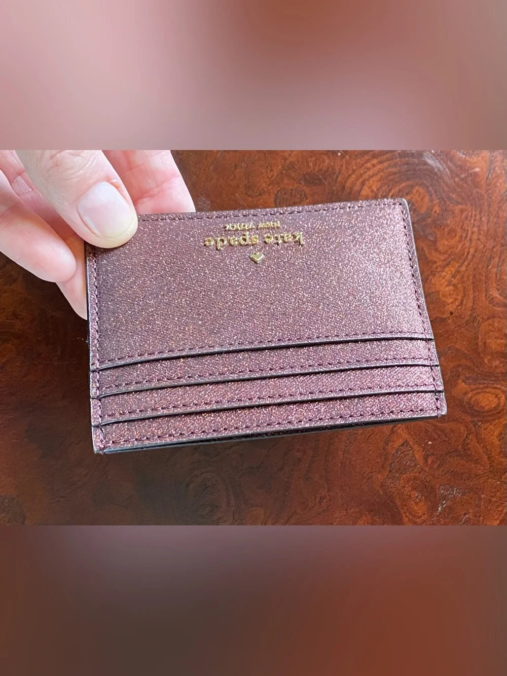 kate spade New York Pink Glitter Card Holder with Gold Logo